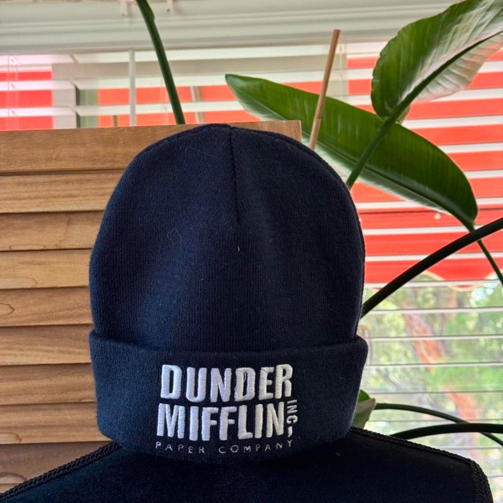 Dunder Mifflin Navy Knit Beanie White Embroidered Logo Cuffed Warm